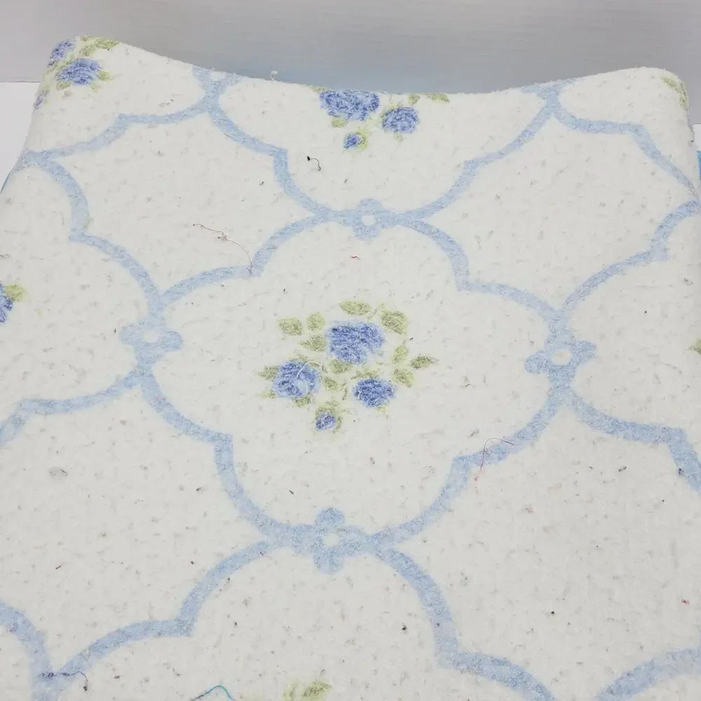 Vintage Twin Sized Floral Satin Trim Fleece Blanket Blue Rose Moroccan Printed